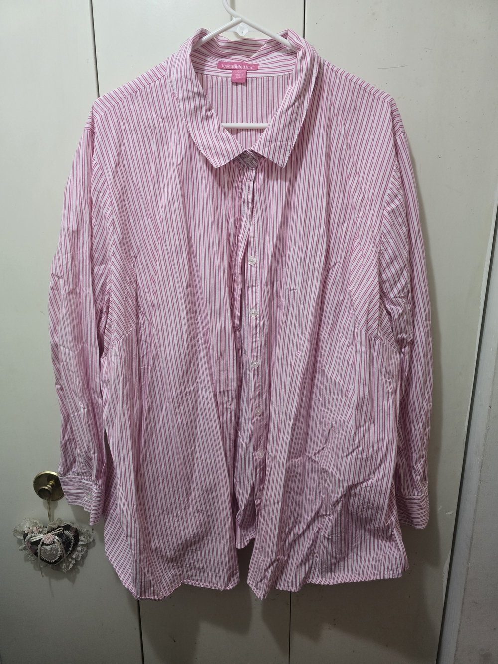 Woman Within Pink & White Striped Dress Shirt